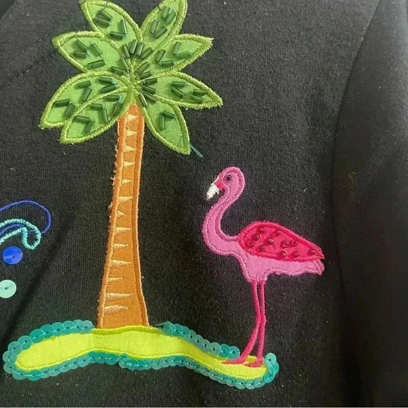 Y2K Michael Simon Cardigan Sweater Large Black Embroidered Flamingo Palm Tree S - Picture 6 of 8